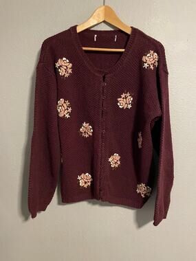 Vintage Womens Cardigan Large Burgundy Floral Embroidered Cottagecore Granny